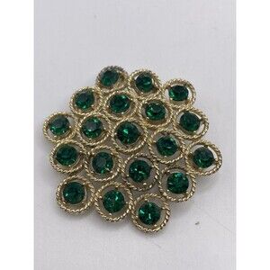 Vintage Goldtone Twist Rope Rimmed Green Rhinestones Flower Pin Brooch –
